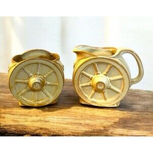 Vtg Frankoma Wagon Wheel Desert Gold Cream & Open Sugar Set